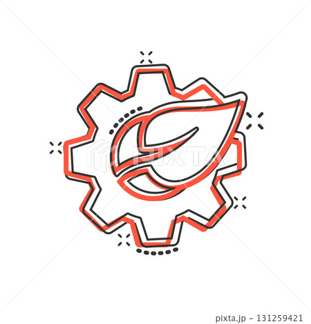Leaf and gear icon in comic style. Cog with plant cartoon vector illustration on white isolated background. Eco machine splash effect sign business concept. Leaf and gear icon in comic style. Cog with plant cartoon vector illustration on white isolated background. Eco machine splash effect sign business concept. 131259421