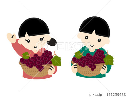 ぶどうを採ったバスケットを持つ子供たちのイラスト 131259488