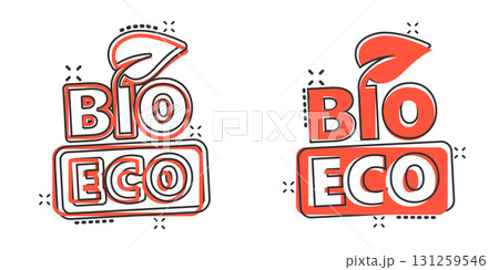 Natural product icon in comic style. Bio, eco badge cartoon vector illustration on white isolated background. Vegan emblem splash effect sign business concept. 131259546