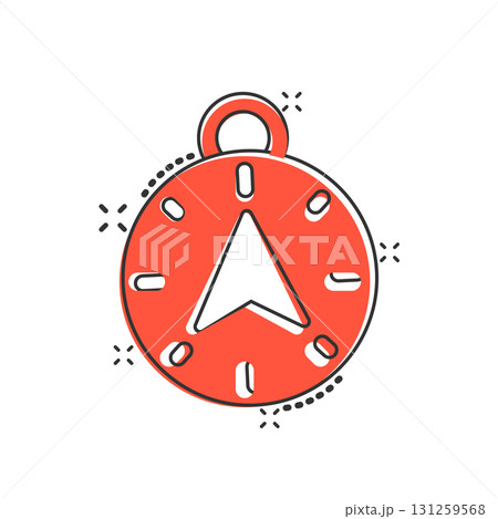 Compass icon in comic style. Navigation equipment cartoon vector illustration on white isolated background. Journey direction splash effect business concept. 131259568