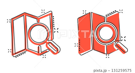Map with magnifier icon in comic style. Gps navigation cartoon vector illustration on white isolated background. Locate position splash effect business concept. 131259575