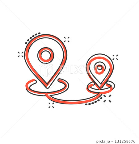 Map pin icon in comic style. GPS navigation cartoon vector illustration on white isolated background. Locate position splash effect business concept. 131259576