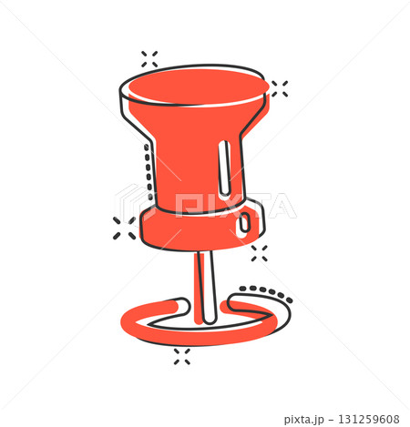 Thumbtack icon in comic style. Pin navigation cartoon vector illustration on white isolated background. Locate position splash effect business concept. 131259608