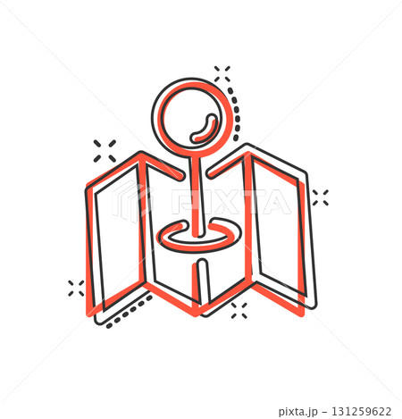 Map pin icon in comic style. gps navigation cartoon vector illustration on white isolated background. Locate position splash effect business concept. 131259622