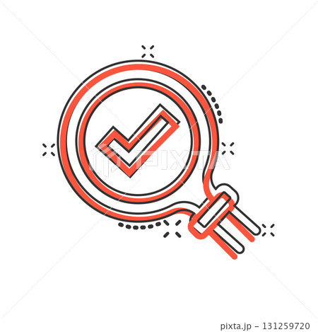 Check mark with magnifying glass icon in comic style. Loupe accept cartoon vector illustration on white isolated background. Search checklist splash effect business concept. Check mark with magnifying glass icon in comic style. Loupe accept cartoon vector illustration on white isolated background. Search checklist splash effect business concept. 131259720