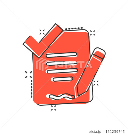 Document checklist icon in comic style. Report cartoon vector illustration on white isolated background. Paper sheet splash effect business concept. Document checklist icon in comic style. Report cartoon vector illustration on white isolated background. Paper sheet splash effect business concept. 131259745