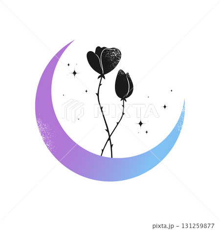Black flowers on colored crescent silhouette. Celestial emblem. Vector illustration 131259877