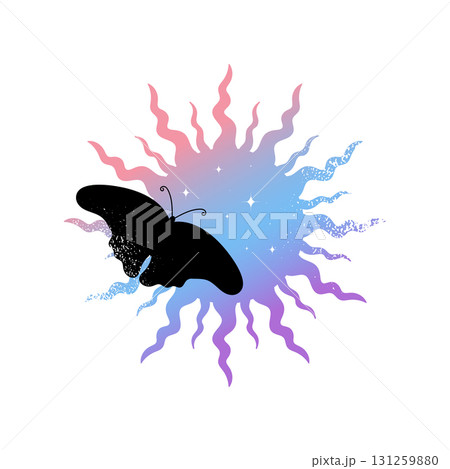 Black butterfly silhouette on gradient sun decorated with stars. Celestial emblem with serpent. Vector illustration 131259880