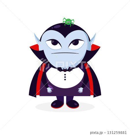 Cute cartoon Dracula vampire with a spider on his head. Dracula character. Vector illustration 131259881
