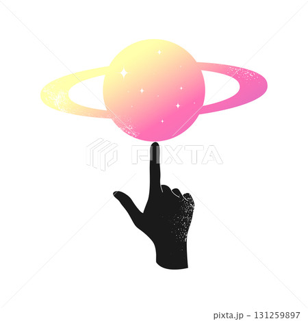 Saturn on a forefinger. Colored Saturn silhouette on a human hand. Vector illustration Saturn on a forefinger. Colored Saturn silhouette on a human hand. Vector illustration 131259897