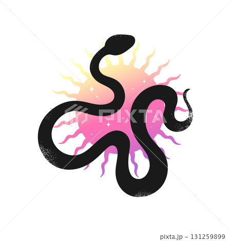 Black snake silhouette on gradient sun decorated with stars. Celestial emblem with serpent. Vector illustration 131259899