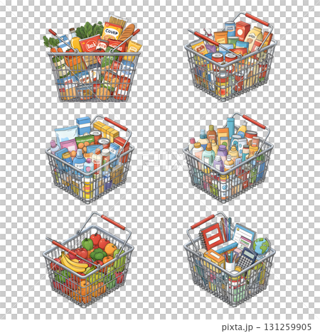 Grocery products in supermarket basket. Illustration design. 131259905
