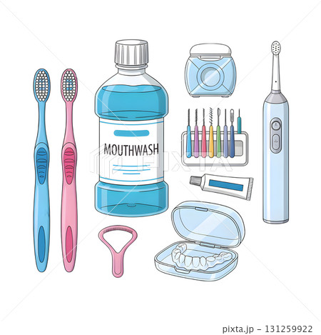 Oral irrigator, toothbrush, mouthwash, interdental brush, retainer, floss and other dentistry items set. Dental care, health, hygiene concept. illustration design 131259922