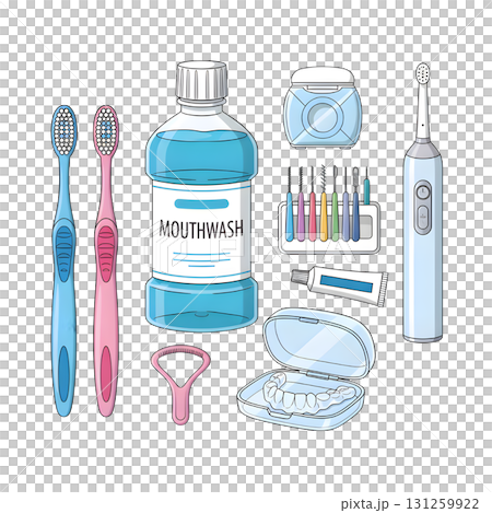 Oral irrigator, toothbrush, mouthwash, interdental brush, retainer, floss and other dentistry items set. Dental care, health, hygiene concept. illustration design 131259922