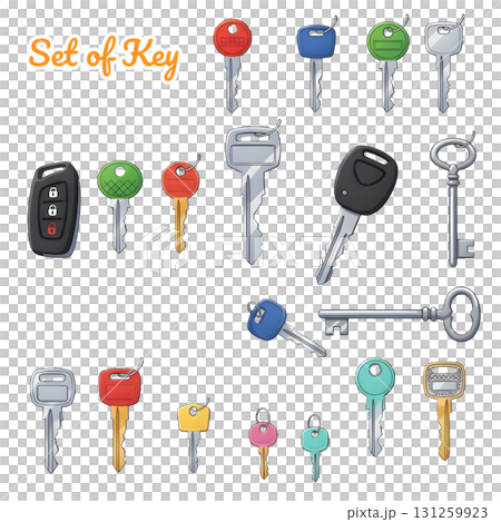 Various key blanks set. Apartment, home, car and other keys on keyholders. Locksmith service concept. Illustration design. Various key blanks set. Apartment, home, car and other keys on keyholders. Locksmith service concept. Illustration design. 131259923