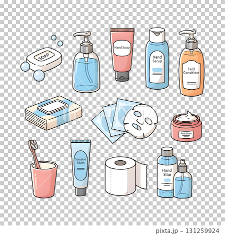 Facial mask, shower gel, massager, cream and other hair and skin care cosmetic products. Beauty and fashion trendy doodle cartoon concept set. illustration design. Facial mask, shower gel, massager, cream and other hair and skin care cosmetic products. Beauty and fashion trendy doodle cartoon concept set. illustration design. 131259924