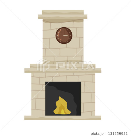 Cozy fireplace with clock and stone design in a warm living space 131259931