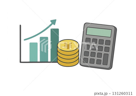 グラフと電卓とコインのイラスト 131260311