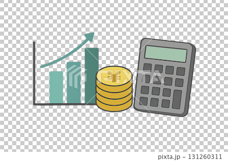 グラフと電卓とコインのイラスト 131260311