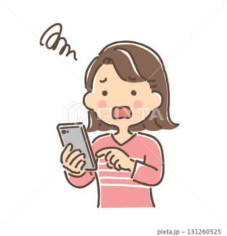 困った顔でスマホを操作している若い女性（フルカラー） 131260525