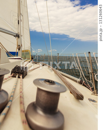 Yacht capstan on sailing boat during cruise Yacht capstan on sailing boat during cruise 131260643