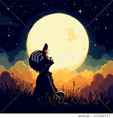 Vsai young child observing the full moon in a starry night sky 131260771