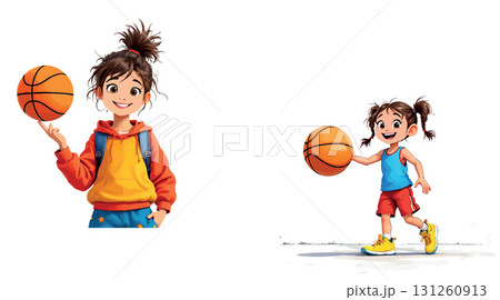 Vsai young girl playing and balancing basketball, illustration of a future sportswoman 131260913