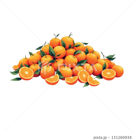 Vsai pile of fresh tangerines with leaves and slices on white background Vsai pile of fresh tangerines with leaves and slices on white background 131260938
