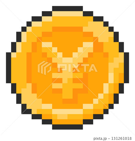 Yuan coin pixel art, vector 8 bit money cash golden coin, Japanese Yen or Chinese Yuan currency bank sign black outline 131261018