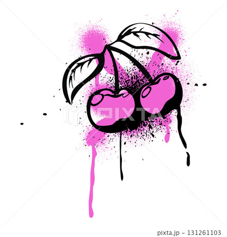 Black spray paint cherry berries twig with leaves on purple smears, graffiti spraying fruit ink splatters, street art Black spray paint cherry berries twig with leaves on purple smears, graffiti spraying fruit ink splatters, street art 131261103