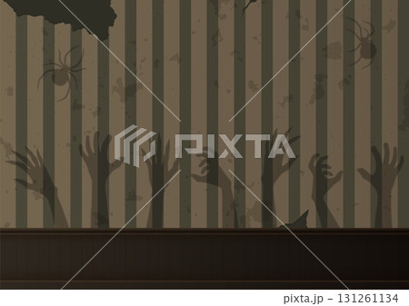 Scary zombie hands rising up and spiders vector illustration, shadow on the old wall of Halloween monster arm silhouette 131261134