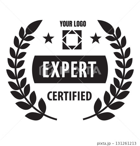 Expert certified badge with laurel wreath, guarantee certificate label, high qualification seal, vector black stamp 131261213