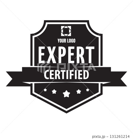 Quality mark emblem, black and white frame, tape with sharp ends, lettering, certified and expert. 131261214