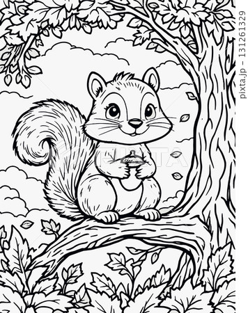 Vsai cute squirrel holding acorn in autumn forest coloring page 131261329