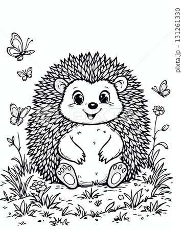 Vsai cute hedgehog sitting in grass surrounded by butterflies and flowers coloring page Vsai cute hedgehog sitting in grass surrounded by butterflies and flowers coloring page 131261330