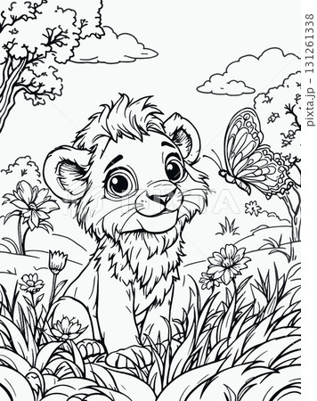 Vsai cute lion cub sitting in grass watching butterfly flying in serene landscape coloring page Vsai cute lion cub sitting in grass watching butterfly flying in serene landscape coloring page 131261338