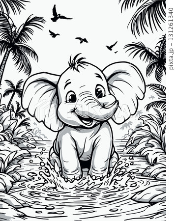 Vsai baby elephant splashing in jungle water with palm trees and birds 131261340