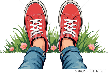 Vsai woman relaxing on grass wearing red sneakers and blue jeans 131261350