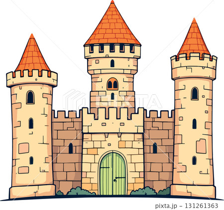 Vsai medieval castle standing tall with green gate and orange roofs 131261363
