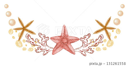 Five pointed red and beige starfish and with pearl wide watercolor design. Hand drawn line art with coral in colored pencil style. Great for summer card or holiday print. Perfect for coastal project. Five pointed red and beige starfish and with pearl wide watercolor design. Hand drawn line art with coral in colored pencil style. Great for summer card or holiday print. Perfect for coastal project. 131261558