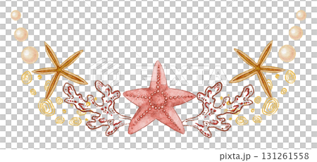 Five pointed red and beige starfish and with pearl wide watercolor design. Hand drawn line art with coral in colored pencil style. Great for summer card or holiday print. Perfect for coastal project. Five pointed red and beige starfish and with pearl wide watercolor design. Hand drawn line art with coral in colored pencil style. Great for summer card or holiday print. Perfect for coastal project. 131261558