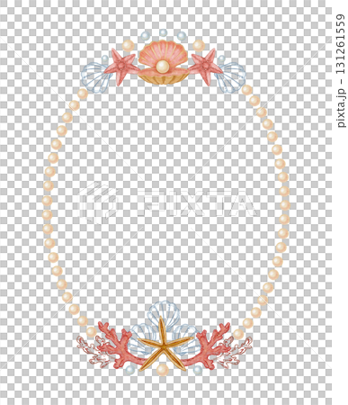 Oval vertical wreath of pearl and shell in watercolor and outline. Hand drawn line art with coral starfish in colored pencil sketch. Great for wedding invitation. Perfect for nautical card template. Oval vertical wreath of pearl and shell in watercolor and outline. Hand drawn line art with coral starfish in colored pencil sketch. Great for wedding invitation. Perfect for nautical card template. 131261559