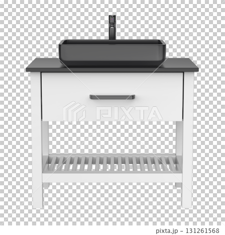 White wash basin cabinet with black sink and faucet 131261568