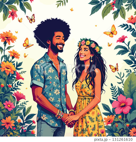 Vsai happy couple holding hands, surrounded by butterflies and flowers, enjoying summer 131261610