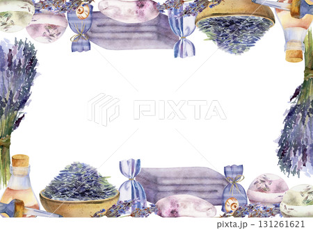 Lavender cosmetic set with bath bomb, soap bar, towel, essential oil bottle, seeds heap. Isolated border frame illustration hand drawn in watercolor. Spa product packaging, self-care blog, wellness 131261621