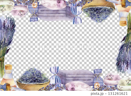 Lavender cosmetic set with bath bomb, soap bar, towel, essential oil bottle, seeds heap. Isolated border frame illustration hand drawn in watercolor. Spa product packaging, self-care blog, wellness 131261621
