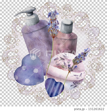 Lavender lavandula flower sprigs with bath bomb and floral soap shampoo gel bottles on round paper doily. Isolated illustration hand drawn in watercolor. Eco spa box, beauty packaging, home wellness. 131261622