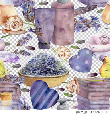 Lavender sprigs seeds, soap bars, bottles towels bath bombs, butterflies and snails. Hand drawn in watercolor, seamless pattern isolated illustration. Spa product labels, gift wrap, wellness packaging Lavender sprigs seeds, soap bars, bottles towels bath bombs, butterflies and snails. Hand drawn in watercolor, seamless pattern isolated illustration. Spa product labels, gift wrap, wellness packaging 131261624