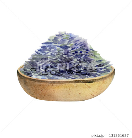 Dry lavender lavandula seeds heap in round clay wooden bowl. Isolated illustration, watercolor hand drawn. Herbal tea label, essential oil packaging, aromatherapy spa cosmetics, Provence rustic decor. Dry lavender lavandula seeds heap in round clay wooden bowl. Isolated illustration, watercolor hand drawn. Herbal tea label, essential oil packaging, aromatherapy spa cosmetics, Provence rustic decor. 131261627