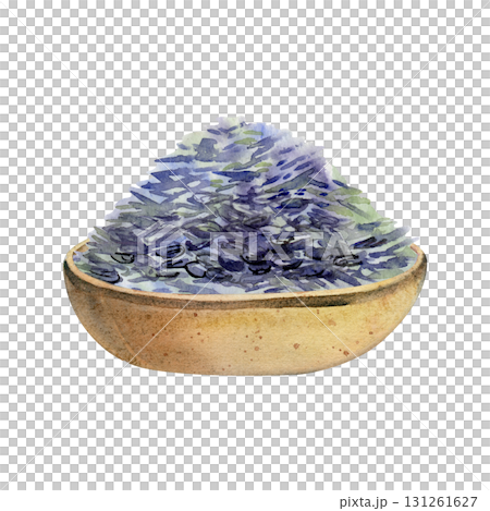Dry lavender lavandula seeds heap in round clay wooden bowl. Isolated illustration, watercolor hand drawn. Herbal tea label, essential oil packaging, aromatherapy spa cosmetics, Provence rustic decor. Dry lavender lavandula seeds heap in round clay wooden bowl. Isolated illustration, watercolor hand drawn. Herbal tea label, essential oil packaging, aromatherapy spa cosmetics, Provence rustic decor. 131261627